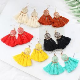 Dangle Earrings 7 Collection Round Circle Carving Pattern Long Tassel Ladies Jewelry Silk Fabric Fringe Crystal Earring