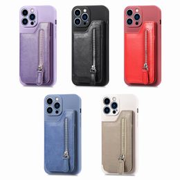 Shockproof Phone Cases for iPhone 15 14 13 12 11 Pro Max XR XS X Plus Solid Colour Soft TPU PU Leather Protective Case with Zipper Cards Packet