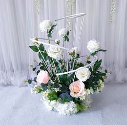 New flower device road lead table flower wedding fan-shaped geometric silk flower welcome area catwalk flower stand