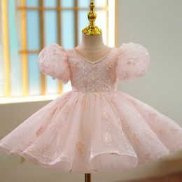 Lovely Pink Wedding Flower Girl Sheer Neck Ball Gown Kids Birthday Party Gowns Cap Sleeves Beaded Bow Tie Toddler Pageant Wears First Communion Dresses 403