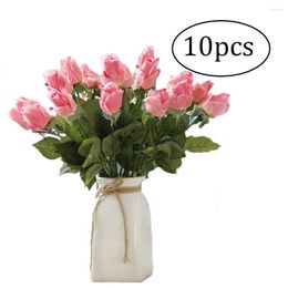 Decorative Flowers 10Pcs Rose Bouquet Pink Silk Artificial Real Touch Fake For Home Wedding Decoration Indoor