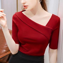 Women's T Shirts Woman's Clothing Spring Summer Style Basic T-Shirts Tops Lady Slim Short Sleeve Skew Collar Sheath SS055