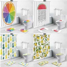 Shower Curtains Yellow Pineapple Bath Mats Rug Tropical Fruit Non-slip Toilet Lid Cover Mat Carpet Bathroom Home Decor Set