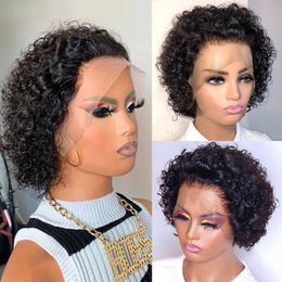 Lace Wigs Persephone 13x1 Part Curly Wig Pixie Cut Short Human Hair For Women Honey Blonde Burgundy Bob Brazilian