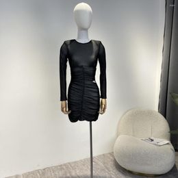 Casual Dresses Sexy Solid Black Mini Latest 2023 Autumn Collection See -through Fold Waist Cut Out Unique Design Slim Ladies Clothes