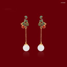 Dangle Earrings & Chandelier Chinese Style Enamel Color Elegant Female Charm Carnelian An White Jade Stone Long Tassels Earring Vintage