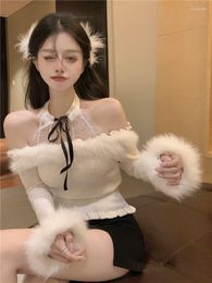 Women's Sweaters Japan Style Sweet Off-Shoulder Plush Fringed White Sweater Women 2023 Spring Girl Slimming Long Sleeve Bottoming Knit Tops