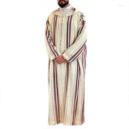 Ethnic Clothing Stripe Long Sleeve Casual Abaya Muslim Dress Moroccan Ramadan Gown Shirt For Men