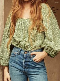 Women's Blouses Women Shirt 2023 Spring And Summer Round Neck Green Floral Print Solid Color Lace Casual Loose Long Sleeve Top