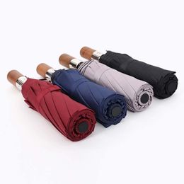 Umbrellas Automatic Folding Business Umbrella Metal Wooden Handle Three-fold UV Protection Sun