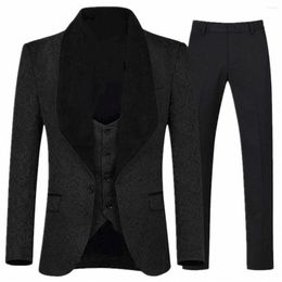 Men's Suits Custom Made Men Shawl Lapel Man Pattern Black Groom Tuxedos Wedding Groomsman 3 Pieces ( Jacket Pants Vest )E363