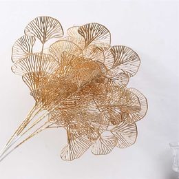 Decorative Flowers Wreaths 1PC Three-pronged Fan Leaf Netting Artificial Gold Ginkgo Eucalyptus Holly For Wedding Arch Flower Arrangement Home Decor Crafts