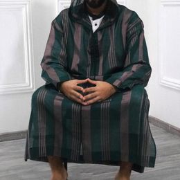 Ethnic Clothing Muslim Mens Robe Islam Abaya Arabic Striped Hoodie Ensembles Musulmans Colorblock Homme Musulman Arabe Djellaba