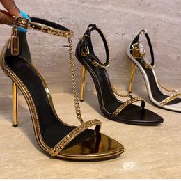 Woman Sandal queen POP Heels tom-heel padlock sandals Luxury high heeled naked pumps gold nappa genuine leather top brands pump