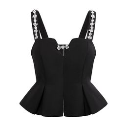 Women's spaghetti strap rhinestone patchwork luxury slim waist peplum sleeveless top tanks camis SML