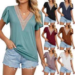 Women's T Shirts Gold Lace V-Neck Tile Short Sleeve Solid Color T-Shirt Top 2023 European And American Spring Summer Women'S