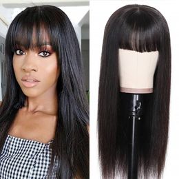 Mongolian Lace Front Wig with Bangs 130% Natural Colour Straight Human Hair Wigs for Black Women
