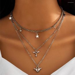 Pendant Necklaces Vintage Fashion Multilayer Silver Colour Star Heart-shaped Angel Lock Set Necklace For Women Boho Choker Jewellery Gift