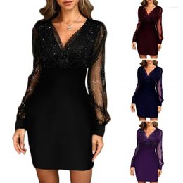 Casual Dresses V-neck Mini Party Dress For Women Sequins Mesh Prom See-through Sleeves Short Gowns Formal Elegant Female Streetwear
