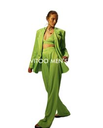Women's Two Piece Pants Green Satin Women Blazer And Set 2pc Single-Breasted/ Jacket Casual Suit Trousers Spring Autumn Winter/Loose Fashion