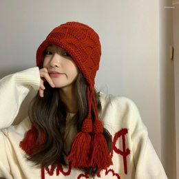 Berets Johnature Year Red Tassel Hat Women Autumn Winter Warm Woollen Fringed Pullover Hand-knitted Ear Protection Japanese