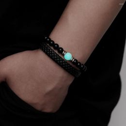 Charm Bracelets Fashion Double Hand-woven Rope Luminous Beads Stainless Steel Bracelet For Man Trend Elegant Personality Jewelry