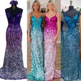 Shimmer Ombre Sequins Prom Dress 2023 Straps V-Neck Fitted Lady Preteen Girl Pageant Gown Formal Evening Party Wedding Guest Red Capet Runway Homecoming Lace-Up Back