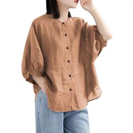 Women's Blouses Women Casual Spring Summer Solid Colour Vintage Button Cotton Linen Shirt Long Sleeve Chemise Business Clothing