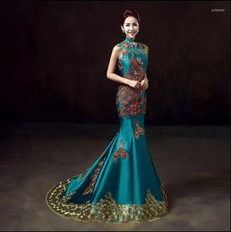 Ethnic Clothing Cheongsam Exquisite Luxury Rhinethone Evening Dress Bride Tailing Peacock Sequins