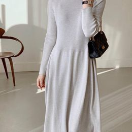 Casual Dresses Winter Sweater Dress Female Knitted Fashion Elegant Turtle Neck High Waist Solid Grey Black A-line Long Vestido Feminino