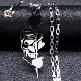 Pendant Necklaces Goth Skull Rose Flower Necklace Stainless Steel Silver Color Punk Skeleton Jewelry Chaine Homme N2023S06