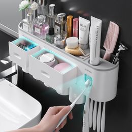 Toothbrush Holders Magnetic Adsorption Inverted Holder With 2 Toothpaste Dispenser Punch-free Bathroom Storage For Accessories 230217