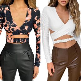 Women's T Shirts Womens Perspective Crop Tops Sexy Cross Wrap Ruched Long Sleeve Deep V Neck Cut Out Slim Fit T-Shirts Polyester