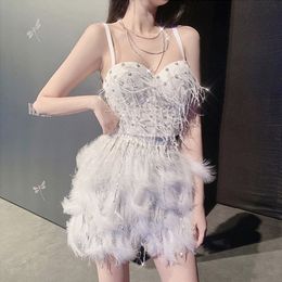 Women's spaghetti strap beading rhinestone ostrich fur patched sexy bustier short tanks camis SML