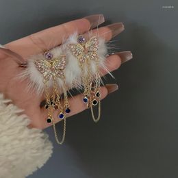 Dangle Earrings 2023 Autumn And Winter Plush Butterfly Tassel Korean Version Shiny Zircon Hair Ball Long Chain Jewellery