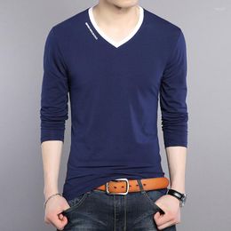 Men's T Shirts Casual Men's Fashion Tops Youth Long-sleeved V-neck T-shirt Cotton Solid Shirt