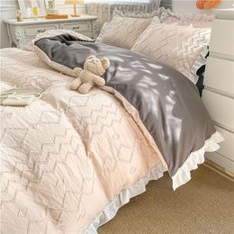 Bedding Sets 150/180/200CM Grey-beige Simple Falbala Brushed Bed Sheet Duvet Cover Pillowcase Four-piece Spring Autumn Set M046-8