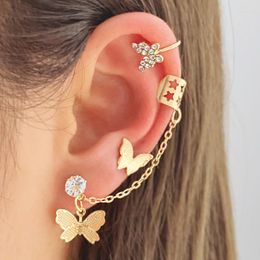 Backs Earrings 4 Piece Set Gold Colour Butterfly Chain Stud Shiny Rhinestones Without Pierced Ear Cuffs Women's Party Jewellery