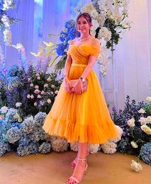 Puffy A-Line Tulle Prom Dresses Orange Off Shoulder Tea Length Homecoming Dress Pleats Corset Special Occasion Gowns For women Girls 2023