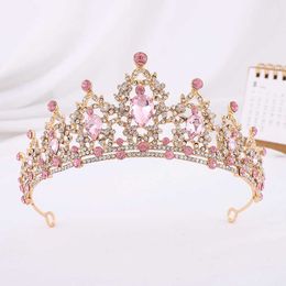 Tiaras Baroque Vintage Gold Colour Pink Crystal Heart Bridal Tiaras Crown Rhinestone Diadem Wedding Hair Jewellery Headband Tiara De Noiva Z0220