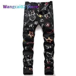 Men's Jeans Streetwear Creative Hand Paint Jeans Men Black Stretch Slim Fit Printed Casual Denim Jeans Pants Hip Hop Dance Jeans Big Size 022023H