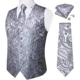 Men's Vests Luxury Silver Grey Paisley Suit Vest Men Tuxedo Blazers Wedding Party Waistcoat Neck Tie Set Casual Sleeveless Jacket