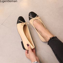 Dress Shoes Woman Basic Pumps Two Color Splicing Classic Bow Ballet Work Shoe Large Size Tweed Low Heels Fashion Women Pump 230220