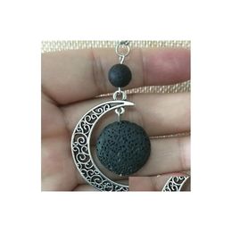 Pendant Necklaces Fashion Sier Colour Round Lava Stone Moon Necklace Volcanic Rock Aromatherapy Essential Oil Diffuser For Women Jewe Dhfgi