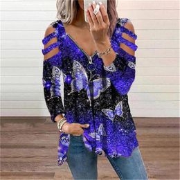 Women's T Shirts 2023 Autumn Butterfly Print Hollow Out Long-Sleeved Shirt Zipper V-Neck T-Shirt Ladies Fashion Casual Loose Tops