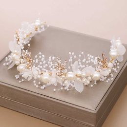 Tiaras Gold Flower Pearl Headband Tiara Crown Wedding Bridal Princess Headbands Hair Jewellery Crystal Pearl Accessories Bride Headdress Z0220