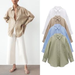 Women's Jackets Elegant Versatile Shirts Long Sleeve Ladies Lapel Front Patch Pockets Side Slit Hem Buttoned Closure Linen Blous