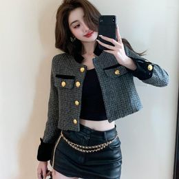 Women's Jackets Elegant Women Black Weave Tweed Jacket Coat Office Ladies Fashion Stand Collar Long Sleeve Gold Button Casual Outwear