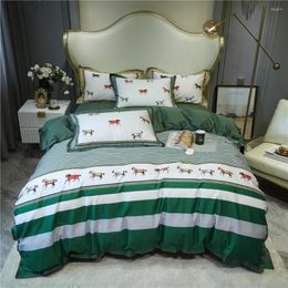 Bedding Sets 4 Pieces Green Plaid With Horses Print Bed Cover Cotton Satin Linen Double Bedclothes Fairytale Soldier Sheets