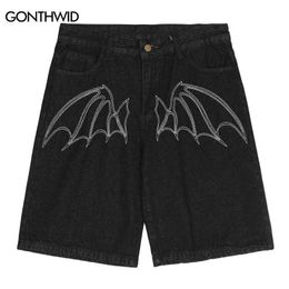 Men's Shorts Men Jeans Shorts Black Y2K Streetwear Hip Hop Embroidery Bat Letter Wide Leg Punk Gothic Denim Shorts Harajuku Baggy Shorts J230218